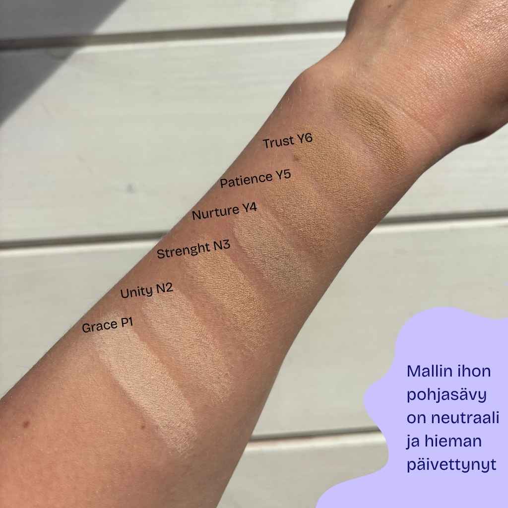 INIKA Organic Mineraalimeikkipuuteri SPF 25 sävyt iholla