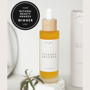 AYU Organics Seabuck &amp; Baobab kasvojen puhdistusöljy Natural Beauty Awards voittaja 2022
